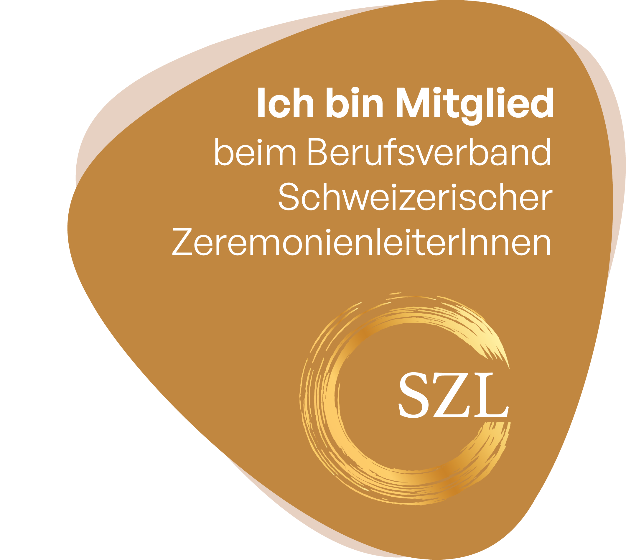 Brown badge with German text indicating membership in the Swiss Association of Ceremony Leaders (SZL), ideal for a wedding officiant or wedding singer in Switzerland.