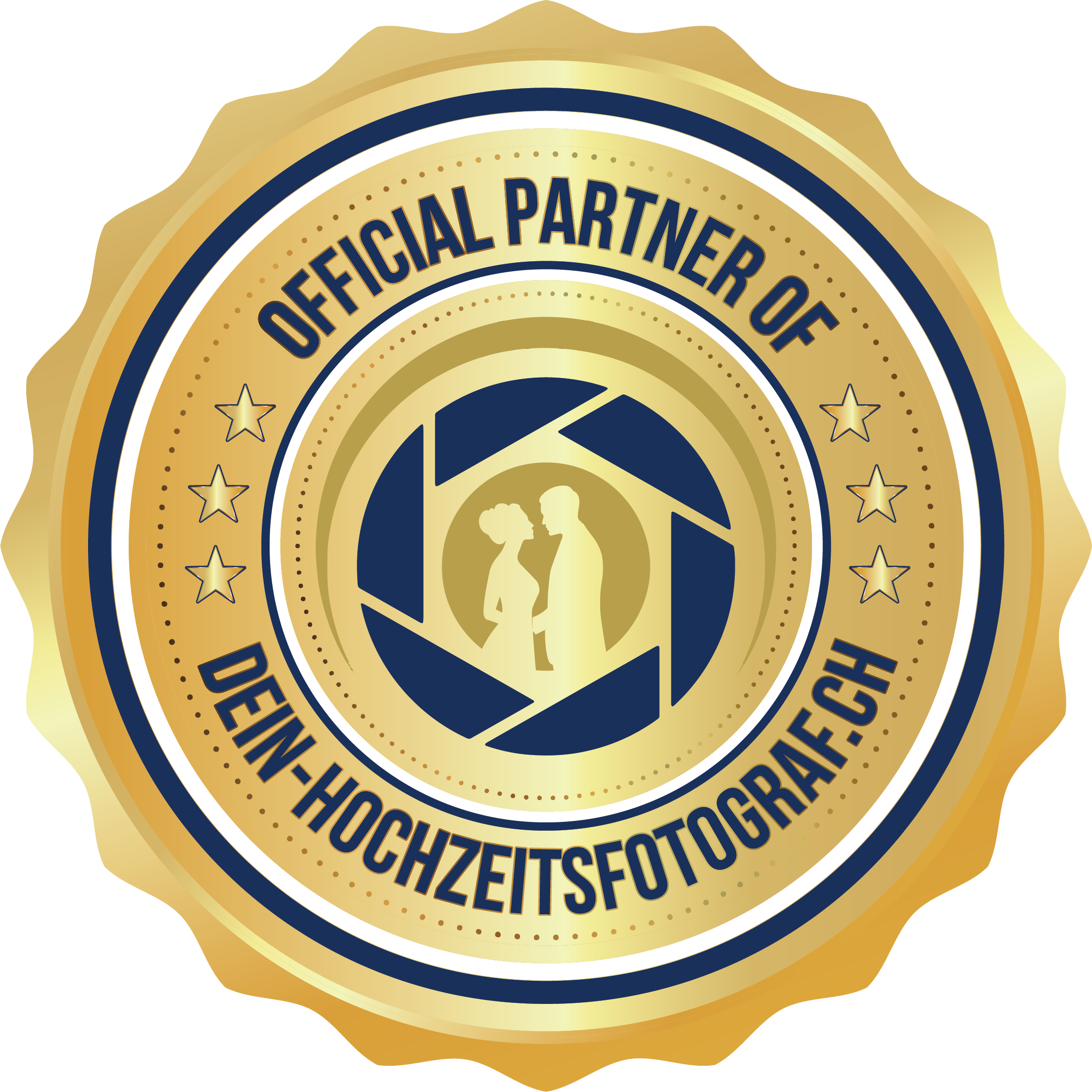 Gold Seal Badge with Official Partner of Dein-Hochzeitsfotograf.ch, a camera aperture logo in the center - perfect for wedding singers, wedding DJs, or anyone in the Swiss wedding industry.