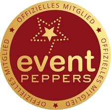 Round red-gold badge with a star, with "Event Peppers Official Member" - ideal for a wedding DJ or officiant in Switzerland.