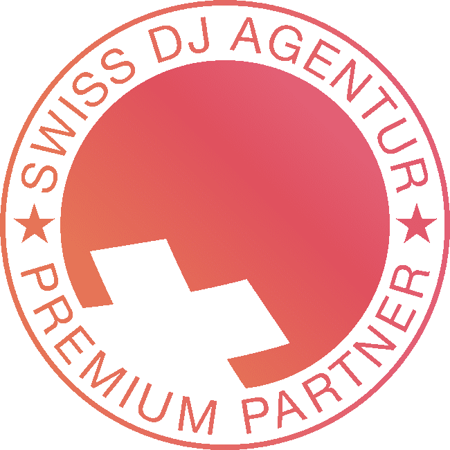 Circular logo with a Swiss cross and the lettering SWISS DJ AGENTUR PREMIUM PARTNER in a pink gradient - perfect for your needs as a wedding DJ or wedding singer in Zurich.