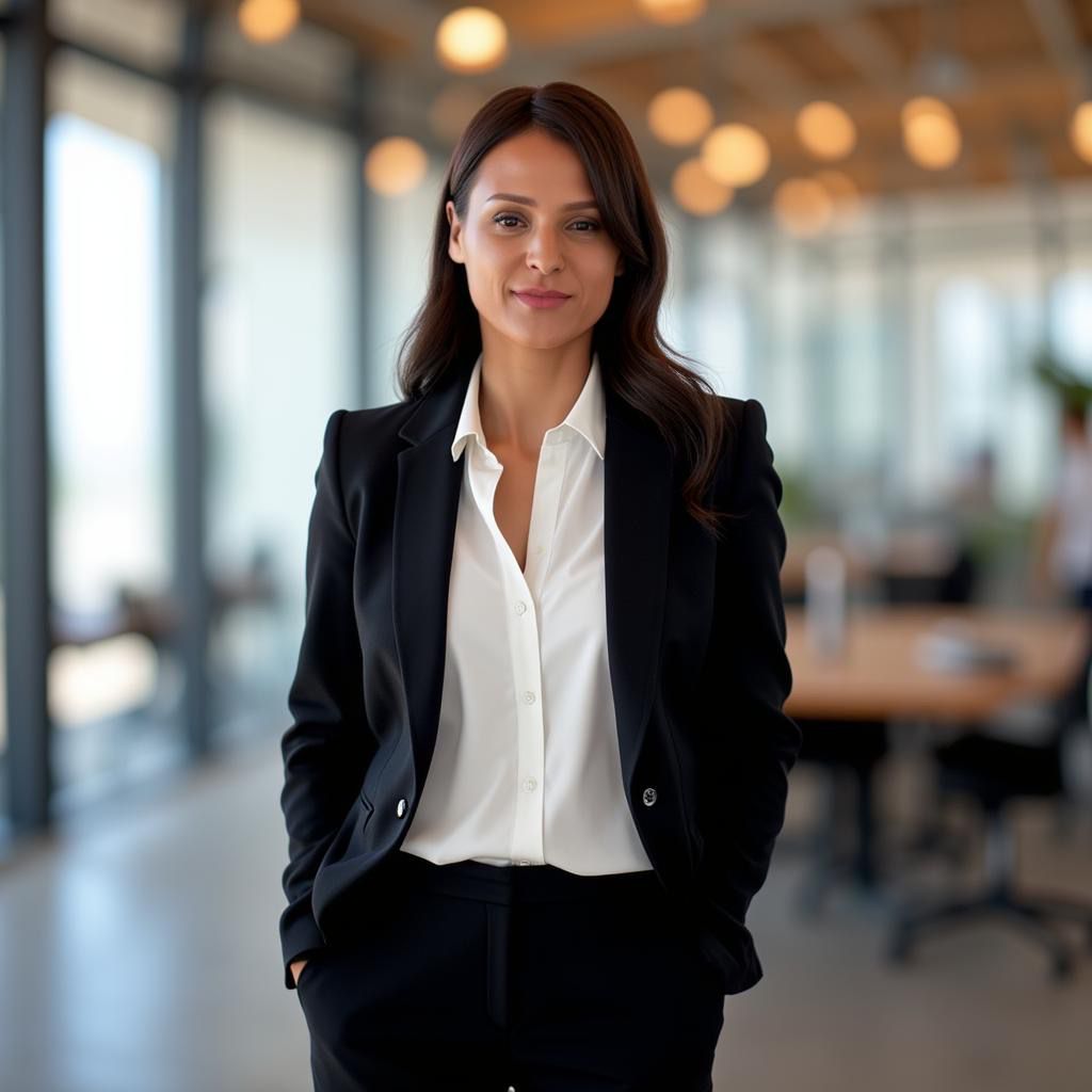 A woman in a black suit stands confidently in a modern office with glass walls and warm lighting, embodying the professionalism of a wedding officiant or singer preparing for an elegant wedding celebration.
