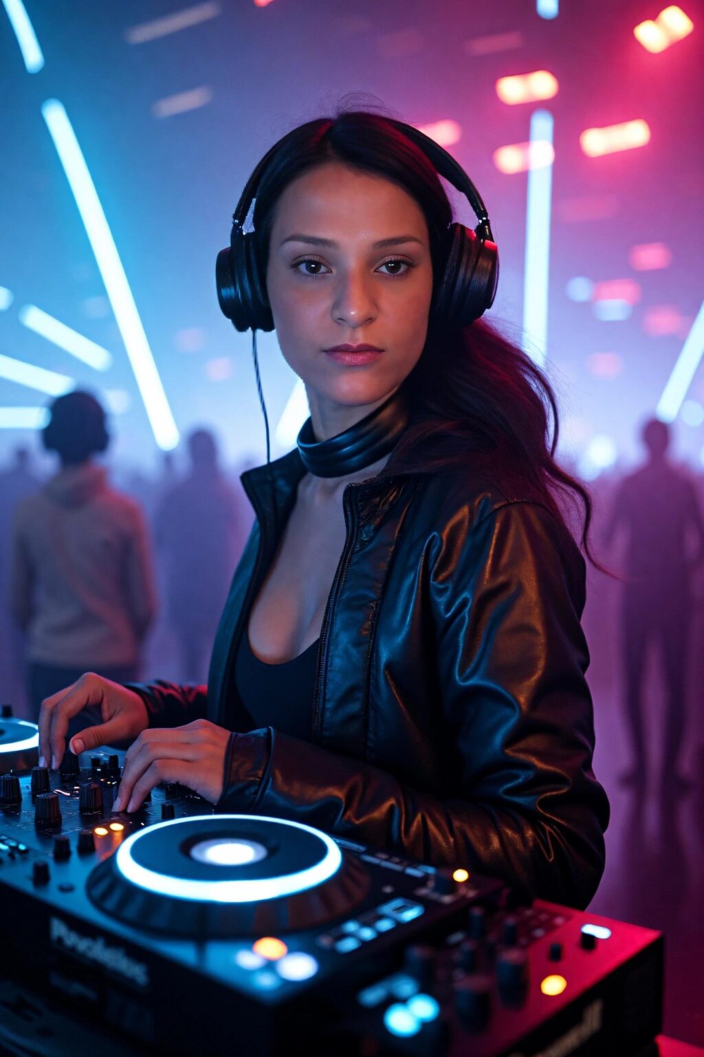 Eine DJane mit Kopfhörern und Lederjacke legt in einem Club Musik auf, im Hintergrund sind Neonlichter und eine Menschenmenge zu sehen.